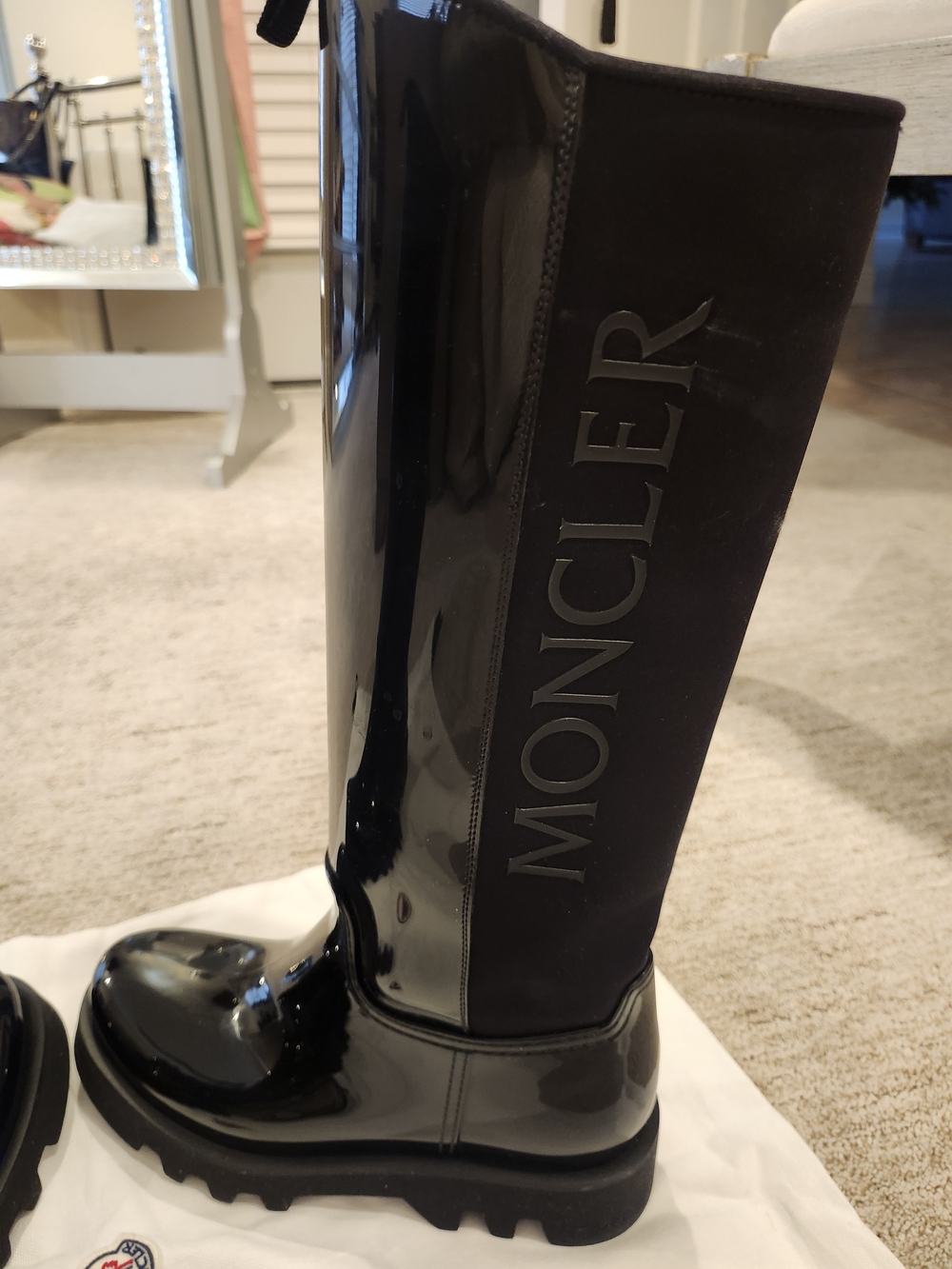 Moncler Black Patent Tall Rain Boots